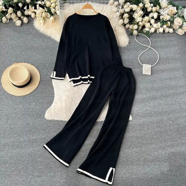 Women Casual Two Piece Set Outfits Office Lady Long Sleeve Elegant Loose Shirt And Pressed Pleated Long Wide legPants Autumn Set
