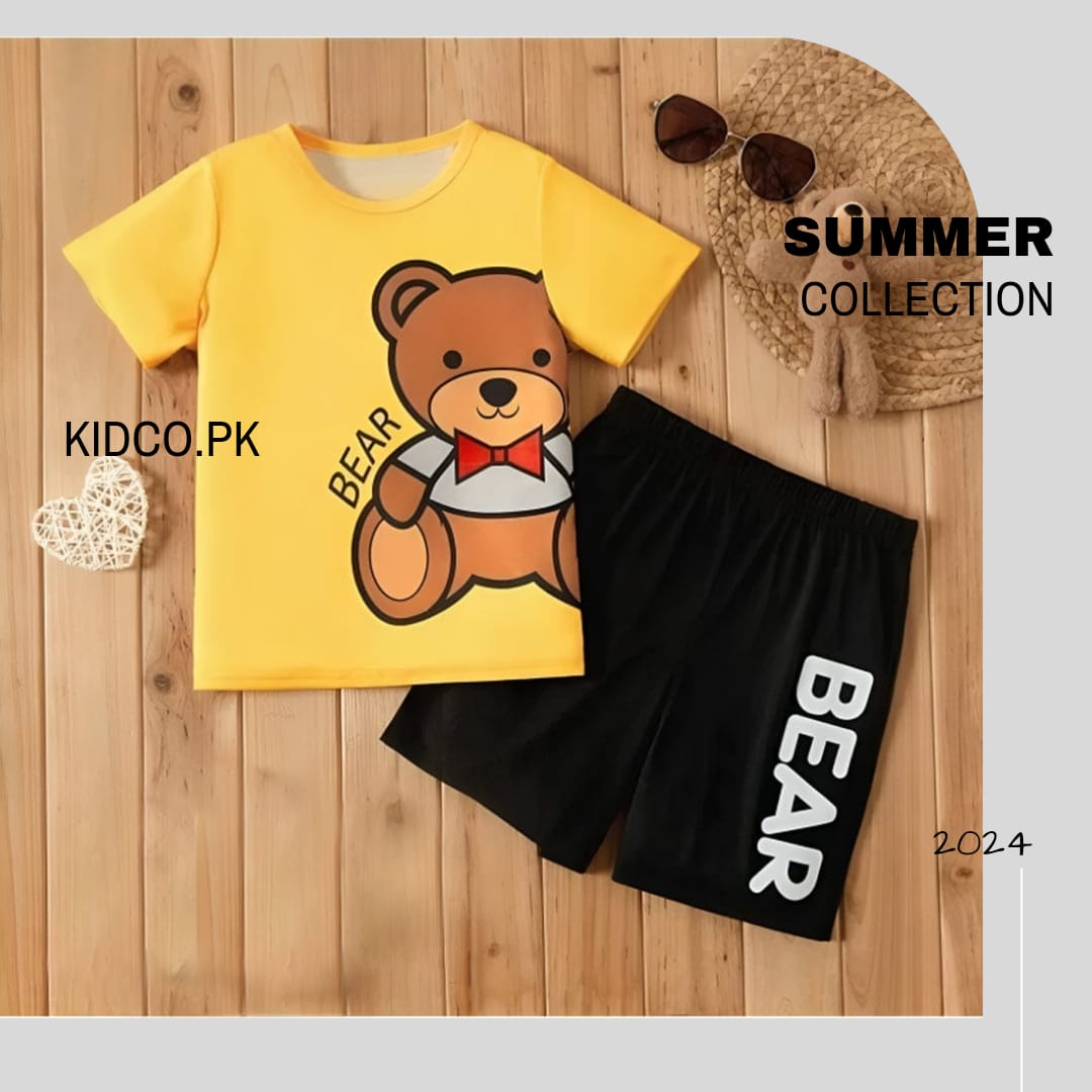 Kids Bear Printed Half Sleeves Round Neck T shirt With Printed Shorts