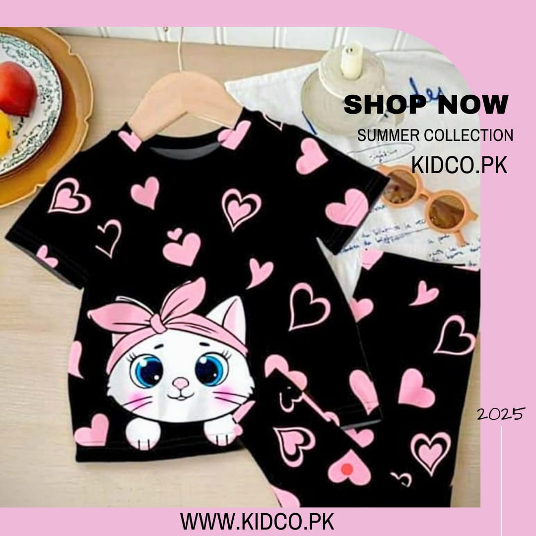 Black Kitty with Pink Hearts printed kids night suits