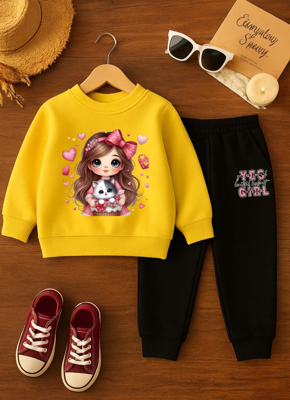 Yellow Printed Sweatshirt With Trouser For Kids