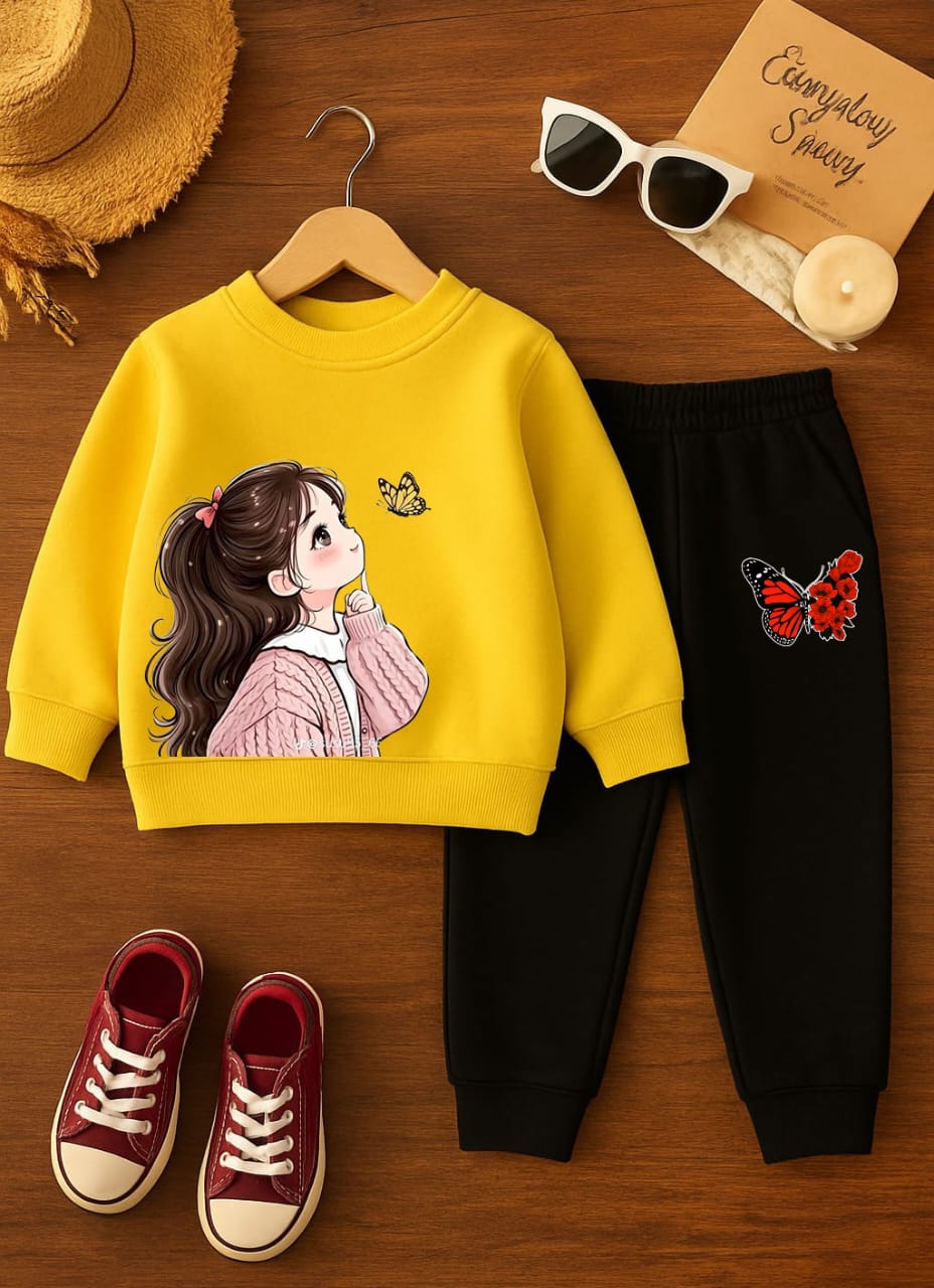 Yellow Printed Sweatshirt With Trouser For Kids