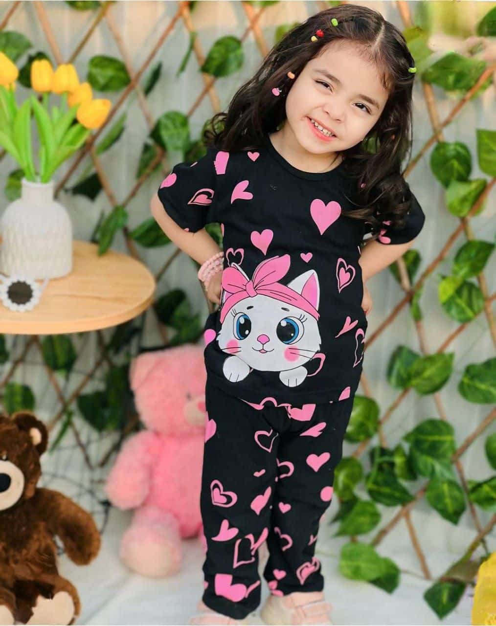 Black Kitty with Pink Hearts printed kids night suits