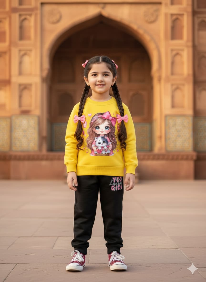 Yellow Printed Sweatshirt With Trouser For Kids