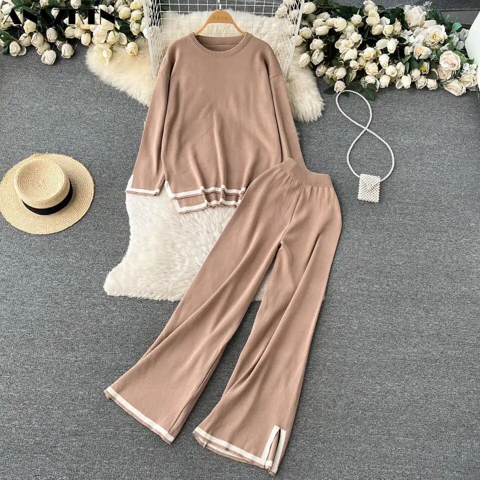 Women Casual Two Piece Set Outfits Office Lady Long Sleeve Elegant Loose Shirt And Pressed Pleated Long Wide legPants Autumn Set