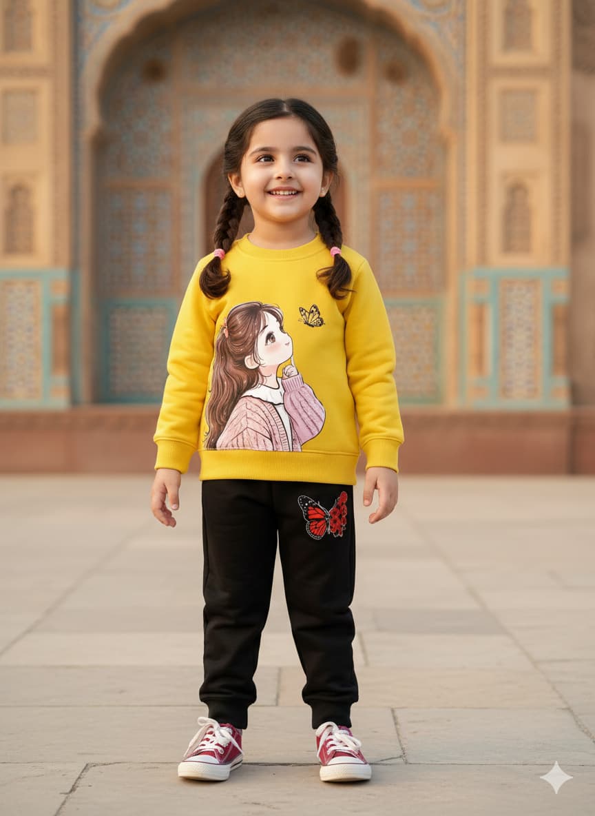 Yellow Printed Sweatshirt With Trouser For Kids
