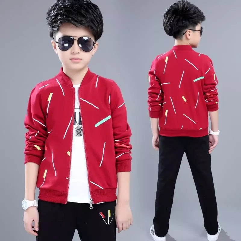 Kids Red Printed Zipper with Warm Black Trouser