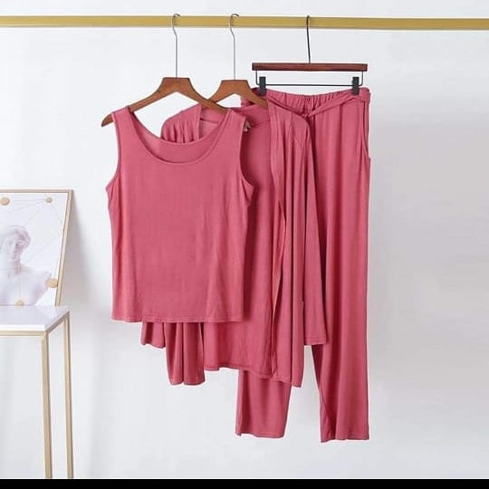 Hot pink Long Sleeve Women Night Suit PJ Set 3 Pieces