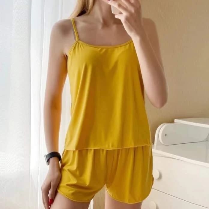 Yellow Women Sexy Satin Pajamas Sets Short Sling Top with Cami Shorts