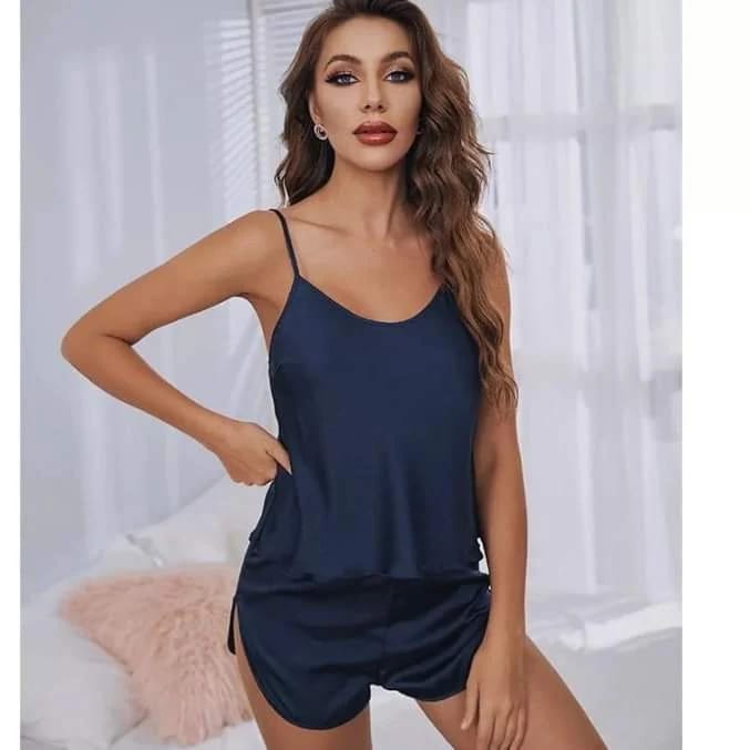 Navy Blue Women Sexy Satin Pajamas Sets Short Sling Top with Cami Shorts