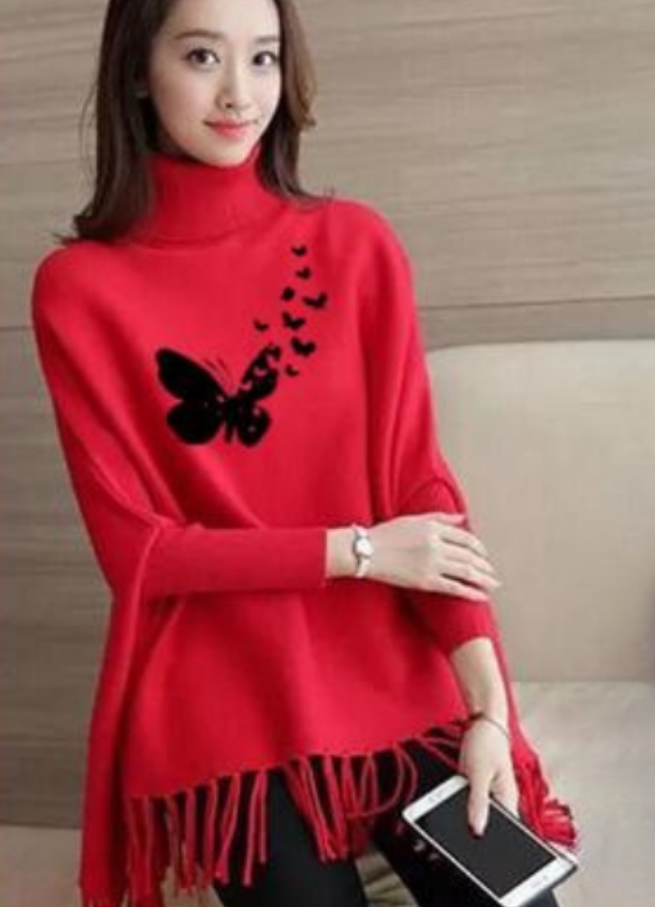 Red Flying Butterfly Printed Poncho