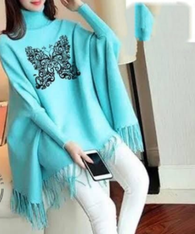 Cyan Butterfly Printed Poncho